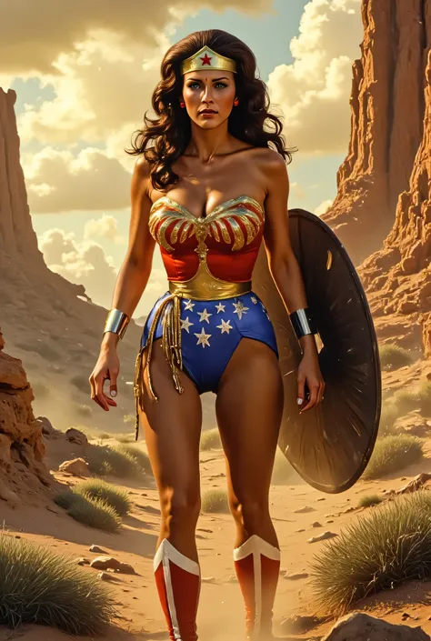 Lynda Carter as a battle-hardened Wonder Woman in a dusty, post-apocalyptic desert, armor weathered and scratched, wielding a battered shield, standing among ruins with a determined expression, dusty winds blowing her hair, dramatic orange skies, gritty an...