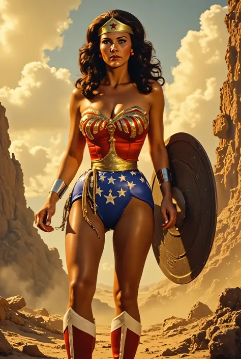 Lynda Carter as a battle-hardened Wonder Woman in a dusty, post-apocalyptic desert, armor weathered and scratched, wielding a battered shield, standing among ruins with a determined expression, dusty winds blowing her hair, dramatic orange skies, gritty an...