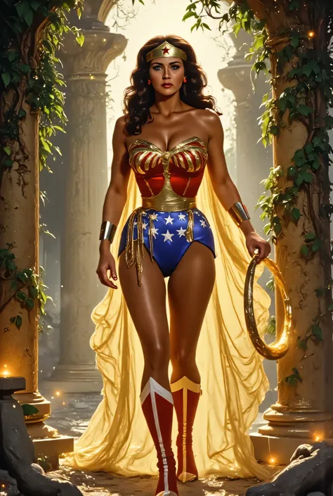 Lynda Carter as a divine Wonder Woman in an ancient Greek temple ruin overgrown with vines and glowing flowers, golden lasso glowing at her side, majestic and serene pose, flowing cape and classic armor with godly enhancements, warm ethereal light, epic fa...