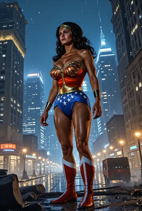 Lynda Carter as Wonder Woman in a glowing neon-lit cyberpunk city at night, wearing a futuristic version of her red and gold armor with digital circuitry accents, holographic tiara, standing powerfully on a rooftop with rain and neon reflections, cinematic...