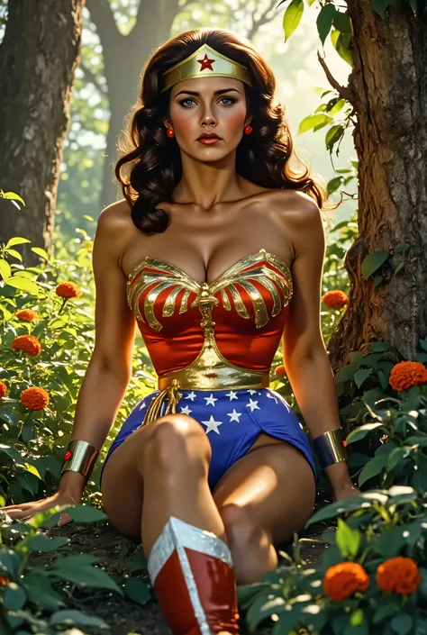 Hyper-realistic cinematic portrait of Lynda Carter as Wonder Woman, reclining in a lush, sunlit forest, wearing her iconic red and gold armor with star tiara and glossy red boots, soft natural lighting casting warm highlights on her skin, long voluminous b...