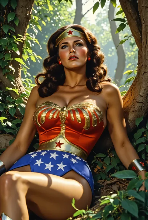 Hyper-realistic cinematic portrait of Lynda Carter as Wonder Woman, reclining in a lush, sunlit forest, wearing her iconic red and gold armor with star tiara and glossy red boots, soft natural lighting casting warm highlights on her skin, long voluminous b...