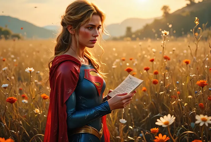 Helen Slater as Supergirl standing alone in a flower-filled field at golden hour, gently holding and reading a handwritten love letter, soft blush on her cheeks, tearful eyes full of joy, cape glowing in the light, painterly realism, romantic ambiance, pea...