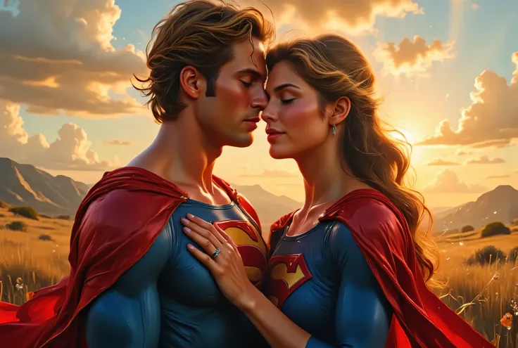 Helen Slater as Supergirl in her classic 1984 costume, gently embracing a loved one at sunset, golden light surrounding them, her eyes closed with a soft smile, red cape gently swaying in the breeze, peaceful sky and glowing clouds in the background, roman...