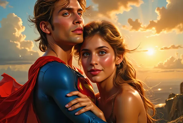 Helen Slater as Supergirl in her classic 1984 costume, gently embracing a loved one at sunset, golden light surrounding them, her eyes closed with a soft smile, red cape gently swaying in the breeze, peaceful sky and glowing clouds in the background, roman...
