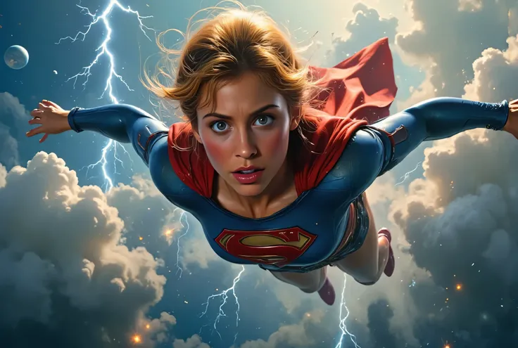 landscape format of Helen Slater as Supergirl falling rapidly from the upper atmosphere, clouds and lightning surrounding her, arms outstretched, expression of shock and fear, costume fluttering wildly in the wind, Earth visible far below, cinematic painte...