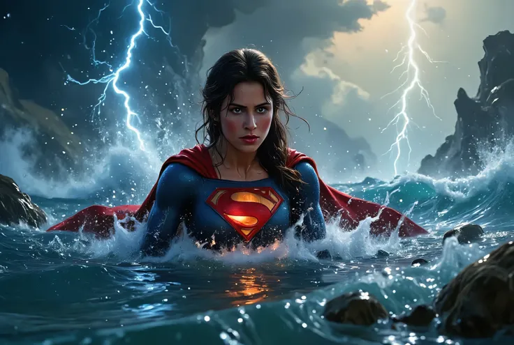 Supergirl struggling in the middle of a violent ocean storm, huge waves crashing over her, cape tangled in the water, glowing red emblem barely visible beneath the surface, lighting flashes illuminating her exhausted face, painterly realism, high tension s...