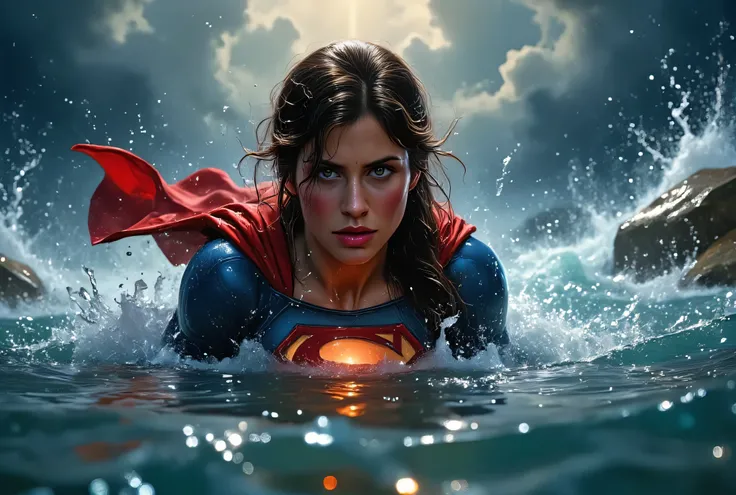 Supergirl struggling in the middle of a violent ocean storm, huge waves crashing over her, cape tangled in the water, glowing red emblem barely visible beneath the surface, lighting flashes illuminating her exhausted face, painterly realism, high tension s...