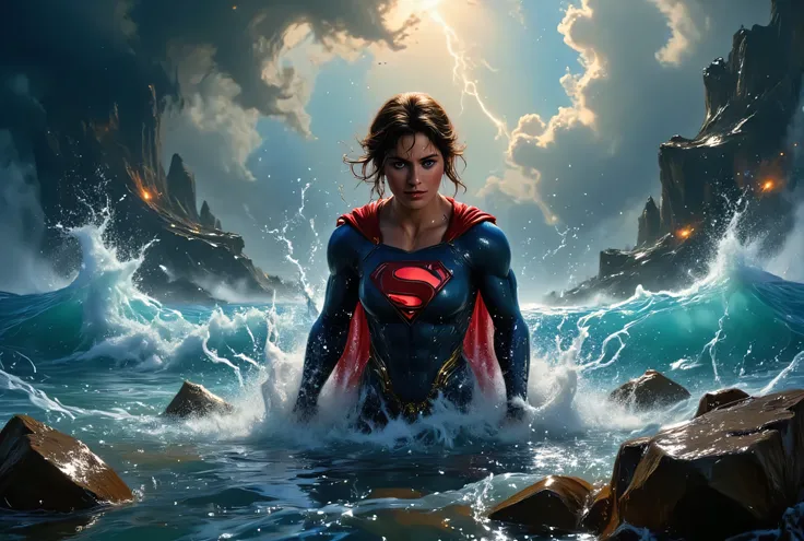 Supergirl struggling in the middle of a violent ocean storm, huge waves crashing over her, cape tangled in the water, glowing red emblem barely visible beneath the surface, lighting flashes illuminating her exhausted face, painterly realism, high tension s...