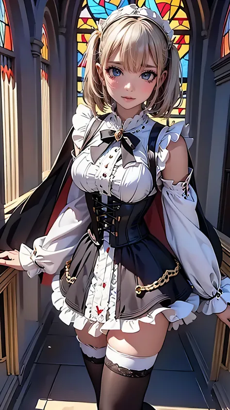 (masterpiece),(best quality),(ultra-detailed),(best illustration),(best shadow),(absurdres),(detailed background), 1girl, thighhighs, dark-skin, short-hair, cape, dark-skinned-female, high-heels, solo, white-hair, standing, jewelry, chain, pillar, stained-...