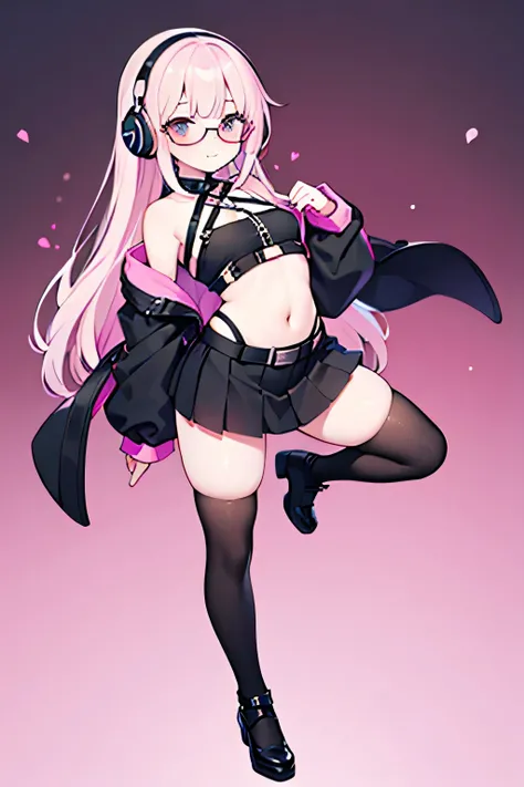 A cute voluptuous anime-style girl with a pastel goth aesthetic, wearing a pink crop top, black harness straps across her chest and shoulders. She has long wavy hair, black with soft pink highlights, and a large pink bow on top of her head. She wears overs...