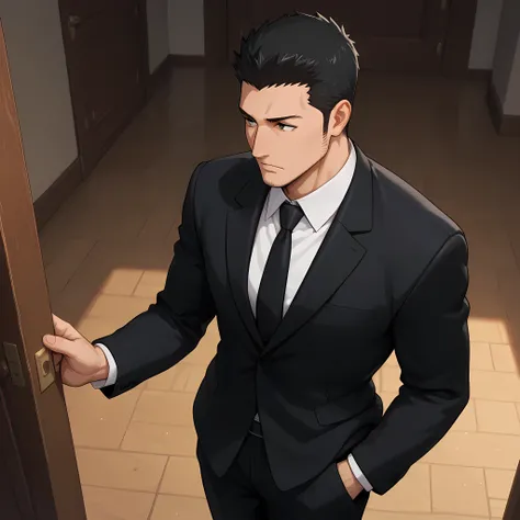 high side angle, ((best image quality, masterpiece, full HD, rich facial details, rich scenery details):1.05), {Leorio}:(1man, black formal wear, adult, solo)
