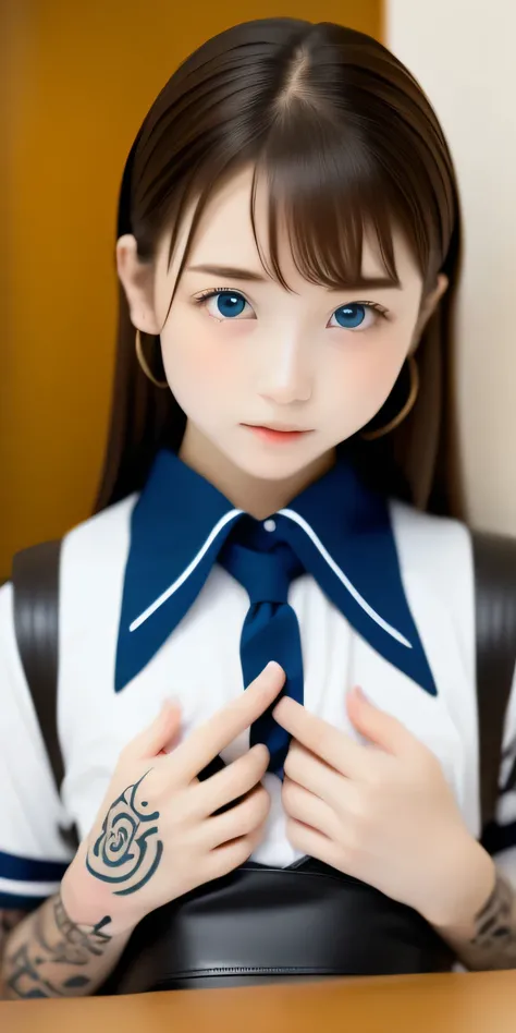 (nsfw:1.3)、earrings、((Tattoo:1.3))、(Roses are not displayed on anything other than Tattoo:1.0)、( gothic punk, sexy,vulgar design ,and the most obvious one is, tight immoral leather fashion :1.2), ((Japanese middle school girl:1.4)), alone, Highest Qua...