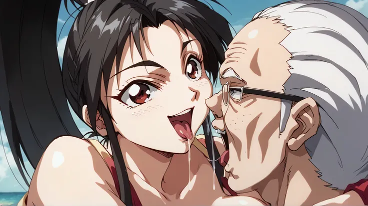 Best Quality、masterpiece、 girl１people、ponytail hair、Black Hair、huge Breasts、Re-suguha 、mai shiranui 、 perfect body、red outfits，an old man eat her greedily，an old man kiss her greedily，happy old man，saliva，hug each other，fall in love