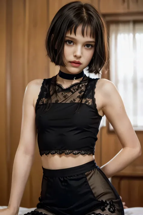 (Matilda, ta, Natalie Portman from LEON the Professional movie), short hair with bangs, Face of pleasure, face, s, ((((Clothing see-through Matilda lace outfit)))), slim female, Mathilda outfit, detailed face, smirk, ((small breasts, small head)), daylight...