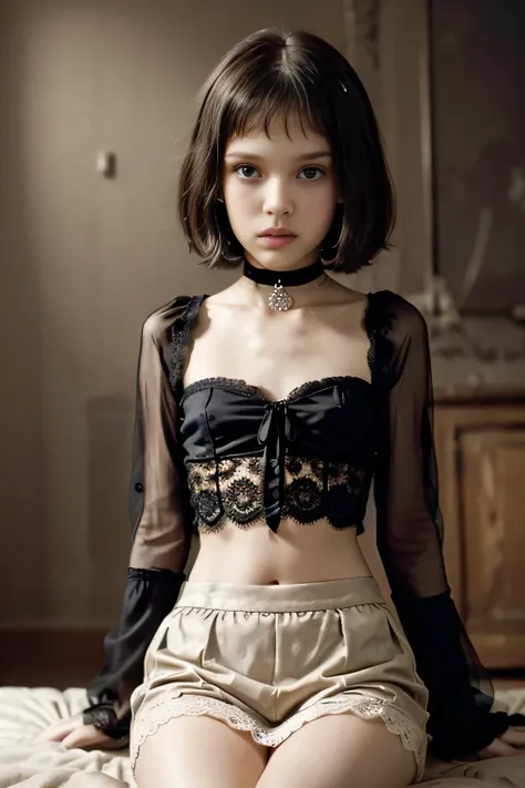 (Matilda, ta, Natalie Portman from LEON the Professional movie), short hair with bangs, Face of pleasure, face, s, ((((Clothing see-through Matilda lace outfit)))), slim female, Mathilda outfit, detailed face, smirk, ((small breasts, small head)), daylight...