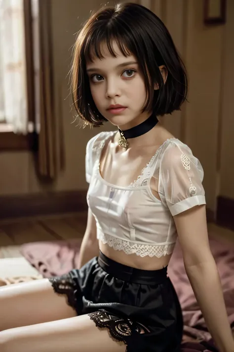 (Matilda, ta, Natalie Portman from LEON the Professional movie), short hair with bangs, Face of pleasure, face, s, ((((Clothing see-through Matilda lace outfit)))), slim female, Mathilda outfit, detailed face, smirk, ((small breasts, small head)), daylight...