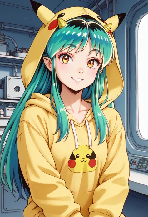masterpiece, best quality, ultra detailed, hdr, 1girl, Lum, green hair, yellow eyes, oni horns, yellow horns, pikachucosplay, pikachu \(pikachu\), character print, hood, hoodie, yellow hoodie, looking at viewer, smiling, showing both hands, electric sparks...