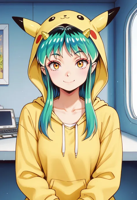 masterpiece, best quality, ultra detailed, hdr, 1girl, Lum, green hair, yellow eyes, oni horns, yellow horns, pikachucosplay, pikachu \(pikachu\), character print, hood, hoodie, yellow hoodie, looking at viewer, smiling, showing both hands, electric sparks...