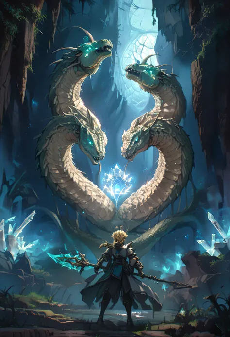 a cinematic shot of KJOrudy standing infront of a giant hydra monster, KJOrudy seen from behind, blonde hair, small ponytail, low ponytail, ahoge, holding a staff with a glowing gem on its end, hydra skin has a crystal aspect, hidra has multiple heads, cry...