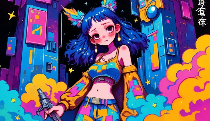 A cyberpunk princess with neon-lit hair and a circuit-laced gown stands defiantly in a gritty, futuristic cityscape. Her eyes glow with digital intensity as she surveys her neon-drenched kingdom. Towering skyscrapers loom in the background, adorned with ho...
