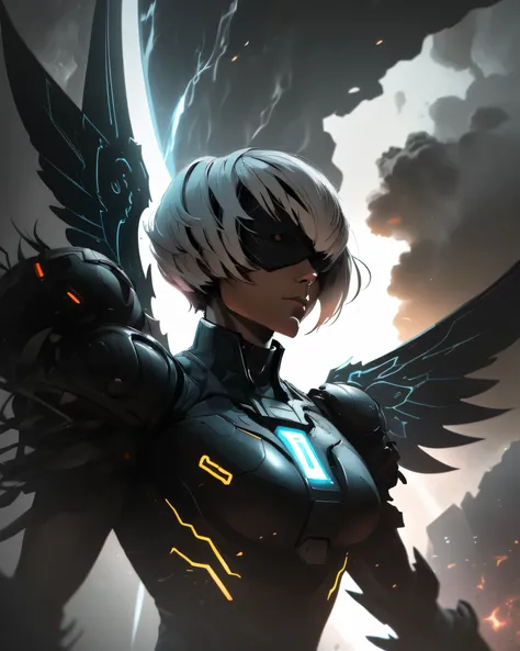 A cinematic upper-body portrait of 2B from NieR: Automata, wearing a futuristic nano-tech suit with glowing circuit patterns, featuring sleek, mechanical mecha-style wings folded behind her. She has an athletic, toned build, her iconic blindfold and white ...