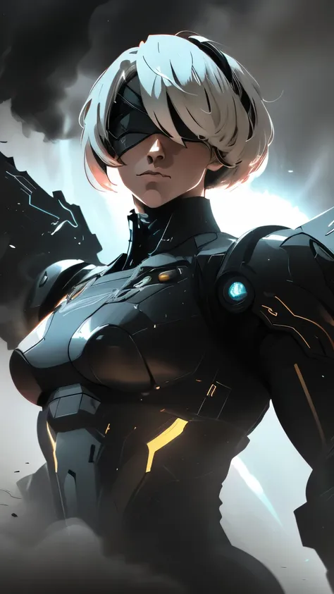 A cinematic upper-body portrait of 2B from NieR: Automata, wearing a futuristic nano-tech suit with glowing circuit patterns, featuring sleek, mechanical mecha-style wings folded behind her. She has an athletic, toned build, her iconic blindfold and white ...