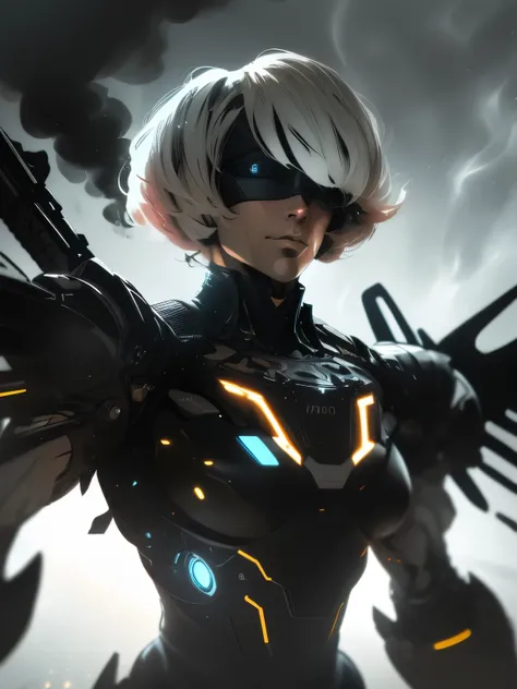 A cinematic upper-body portrait of 2B from NieR: Automata, wearing a futuristic nano-tech suit with glowing circuit patterns, featuring sleek, mechanical mecha-style wings folded behind her. She has an athletic, toned build, her iconic blindfold and white ...