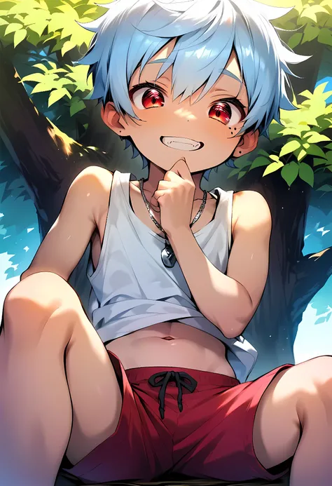 (score_9, score_8_up), (ultra detailed), (8k), (detailed eyes:1.3), (shiny eyes), (masterpiece eyes), (small eyes), (1 boy), (shota:1.5), (sitting on tree:1.3), (arched back), (knee up), (hand on chin), BREAK (white baggy tank top), (red shorts), BREAK (li...