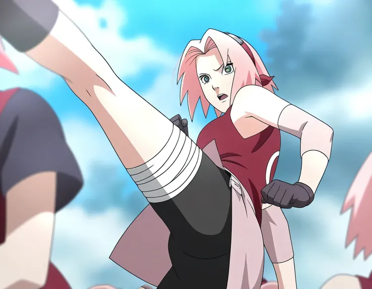 Haruno sakura, official_until, anime screencap, masterpiece, the best quality, absurdities, alone , Women,kick ,lift leg , focus on ass, rear focus, ass, red sleeveless minidress, cremallera, footwear without toes, bandaged leg, pink short skirt, sleeveles...