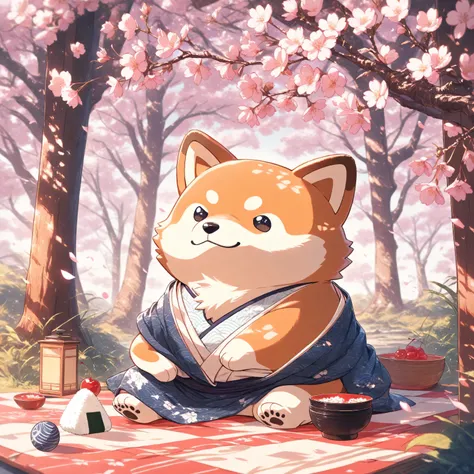 masterpiece, best quality, ultra-detailed), a cute stylized Shiba Inu with a rounded face, small black puppy-like eyes, short light brown fur with white markings, no bangs, no human hairstyle, wearing a traditional Japanese kimono in dark colors (navy blue...