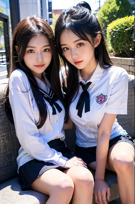 Two girls (18 years old, Japanese pretty face) are wearing high school uniforms with mini skirt on Spring sunny day.