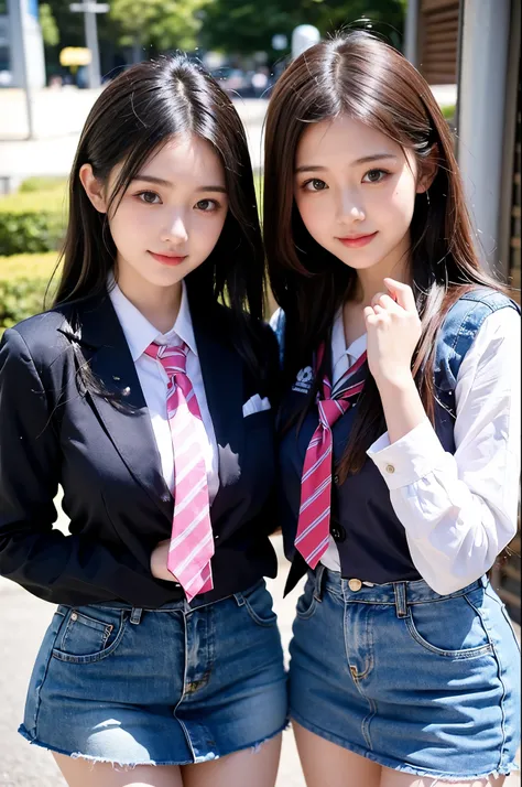 Two girls (18 years old, Japanese pretty face) are wearing high school uniforms with mini skirt on Spring sunny day.