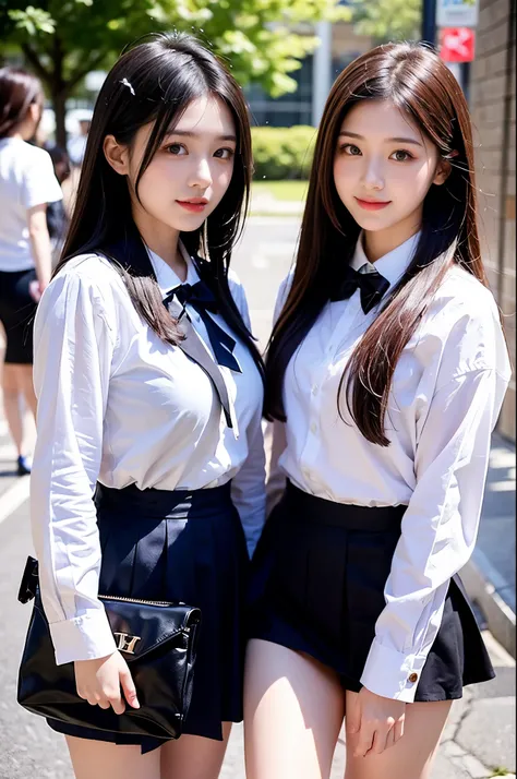 Two girls (18 years old, Japanese pretty face) are wearing high school uniforms with mini skirt on Spring sunny day.
