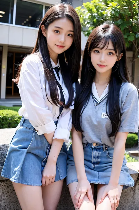 Two girls (18 years old, Japanese pretty face) are wearing high school uniforms with mini skirt on Spring sunny day.