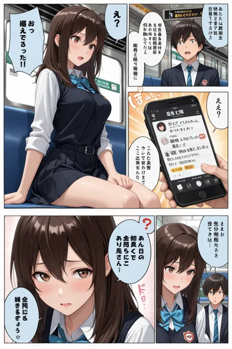 rating_safe, (1 girl,1 boy:1.4), (masterpiece,best quality:1.4),8k, ((High Detail)), absurdres, 綺麗な陰影, アニメ調, medium breasts, tear, 
beautiful girl, brown hair, school uniform, at subway, flare, japanesesubwaystation, she sitting with boy, indoor, (She give...