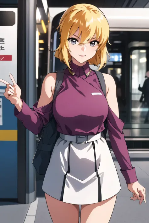 Can you draw a blonde，nice smiles，Can you draw a woman looking at a train，can you draw a woman waiting in front of the car in front of you，東京の地下鉄ホームでwaiting for the train女性は描けますか， ,congestion,waiting for the train，fun，Underground railway stations ，The sign...
