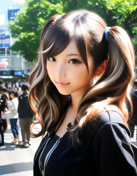 1girl, takamaki anne, umamusume, year 2016, Shibuya station, street tree, crowd, masterpiece, high score, great score, absurdres, 16k, Ultra detailed, [photorealistic]
