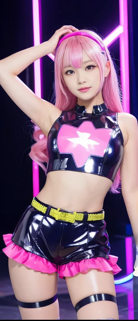flashy cyber idol girl、A pure girl's face、 hypo、、cyber latex shorts uniform（silver and fluorescent pink）、、fighter belt、Glowing lightning、
