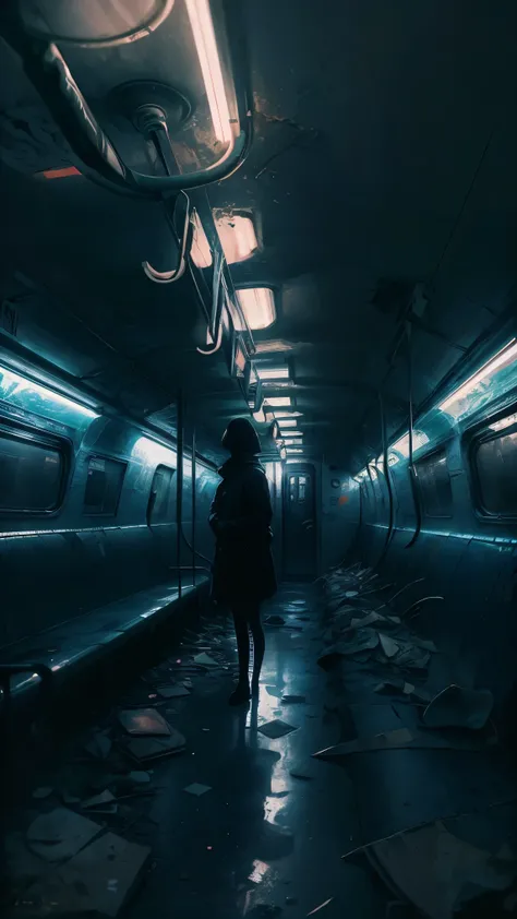 masterpiece，((Dark Theme:1.cenery of an abandoned subway car))，((Standing Girl))，unmanned，empty space，philosophical art，Best Scenery Paintings，State-of-the-Art Digital Art