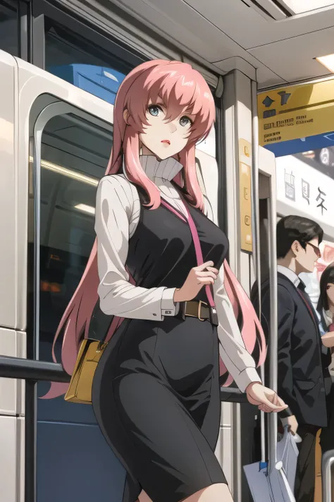 pink hair at the base，nice smiles，Can you draw a woman looking at a train，can you draw a woman waiting in front of the car in front of you，東京の地下鉄ホームでwaiting for the train女性は描けますか， ,congestion,waiting for the train，fun，Underground railway stations ，The sign hanging on the wall，{{X}},depict her expression more delicately，walking alone，        city tour        ,，（（（is wearing casual clothes inspired by tourists）））， I have a SLR camera  ,（Let's draw a more delicate look），（sleeveless wool sweater），（ Pleated Legs，white panties），（That work is enough for one person {X} is very important for work）、 That's enough，frown。unless the job requires it。 {X}、 ,    An attractive 40-year-old woman takes off her uniform and jumps off,                        Big black wavy hair, ,   Big Breasts, Thin Waist ， ,   ，Faces are very important，