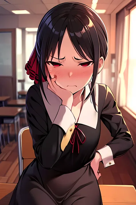 masterpiece, Best Quality, high resolution,shinomiya kaguya, red eyes, black hair, hair ribbon,school uniform,on table,inside school,chair, extreme detail,(annoyed),