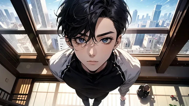 Japanese male handsome very short black hair tight long sleeves Light Colored Tight Long Pants I can see the blue sky large room with glass floors and ceilings private gym Composition with a very big face From the shoulders up and look at the camer...