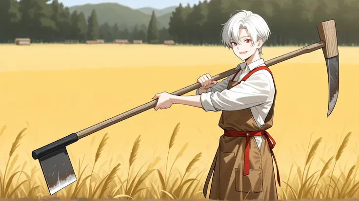 men white short hair,red eyes, farmer's clothes happy face have hoe