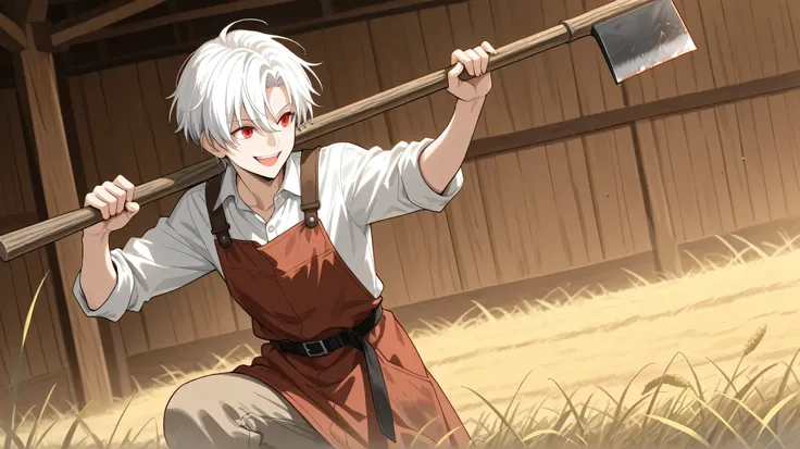 men white short hair,red eyes, farmer's clothes happy face have hoe