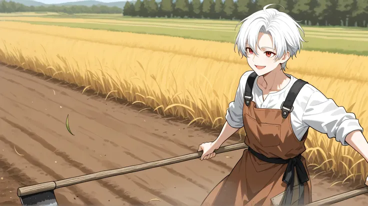 men white short hair,red eyes, farmer's clothes happy face have hoe