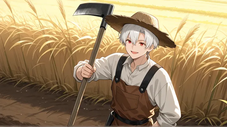 men white short hair,red eyes, farmer's clothes happy face have hoe
