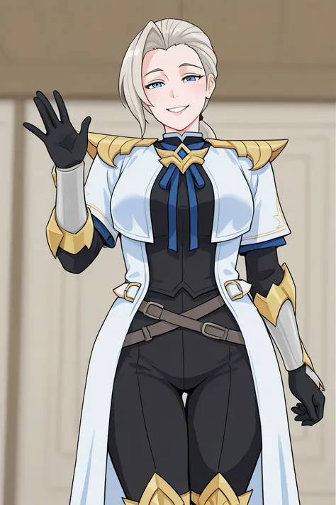 Silvanna Base,a mature woman,blue eyes,light blond hair,long haircut,low ponytail,side bangs,Long white trench coat with gold details,gold shoulder pads decorated with sharp tips,black shirt,blue bow, open coat,Gloves, black sleeves with gold trim,Black sk...