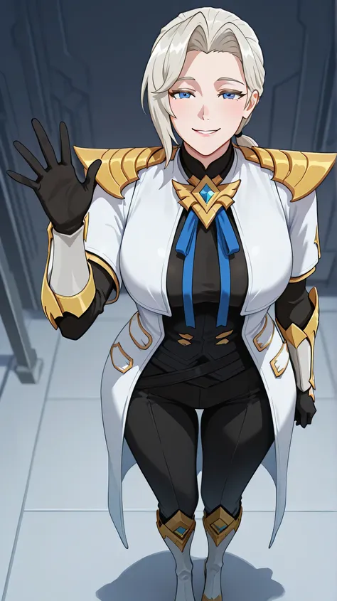 Silvanna Base,a mature woman,blue eyes,light blond hair,long haircut,low ponytail,side bangs,Long white trench coat with gold details,gold shoulder pads decorated with sharp tips,black shirt,blue bow, open coat,Gloves, black sleeves with gold trim,Black sk...
