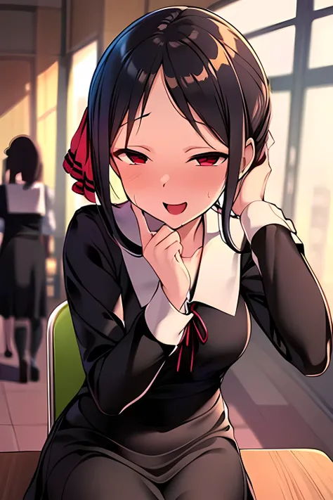 masterpiece, Best Quality, high resolution,shinomiya kaguya, red eyes, black hair, hair ribbon,school uniform,on table,inside school,chair, extreme detail,(smile),^^^, flying sweatdrops,open mouth